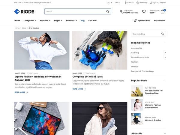 Riode html5 template blog grid sidebar page